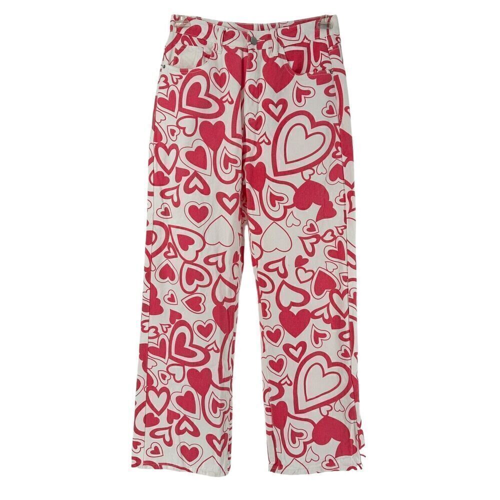 Heart Print Jeans High Rise Wide Straight Leg Pink Valentines Love Size M Shein